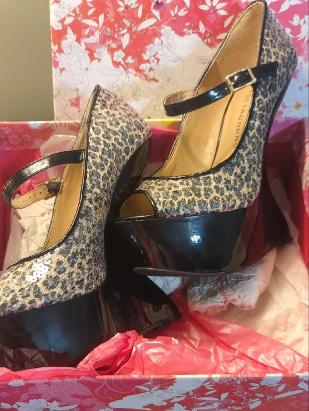 Chinese Laundry Leopard Sequin Mary Jane Platform Pumps in Black and Gold